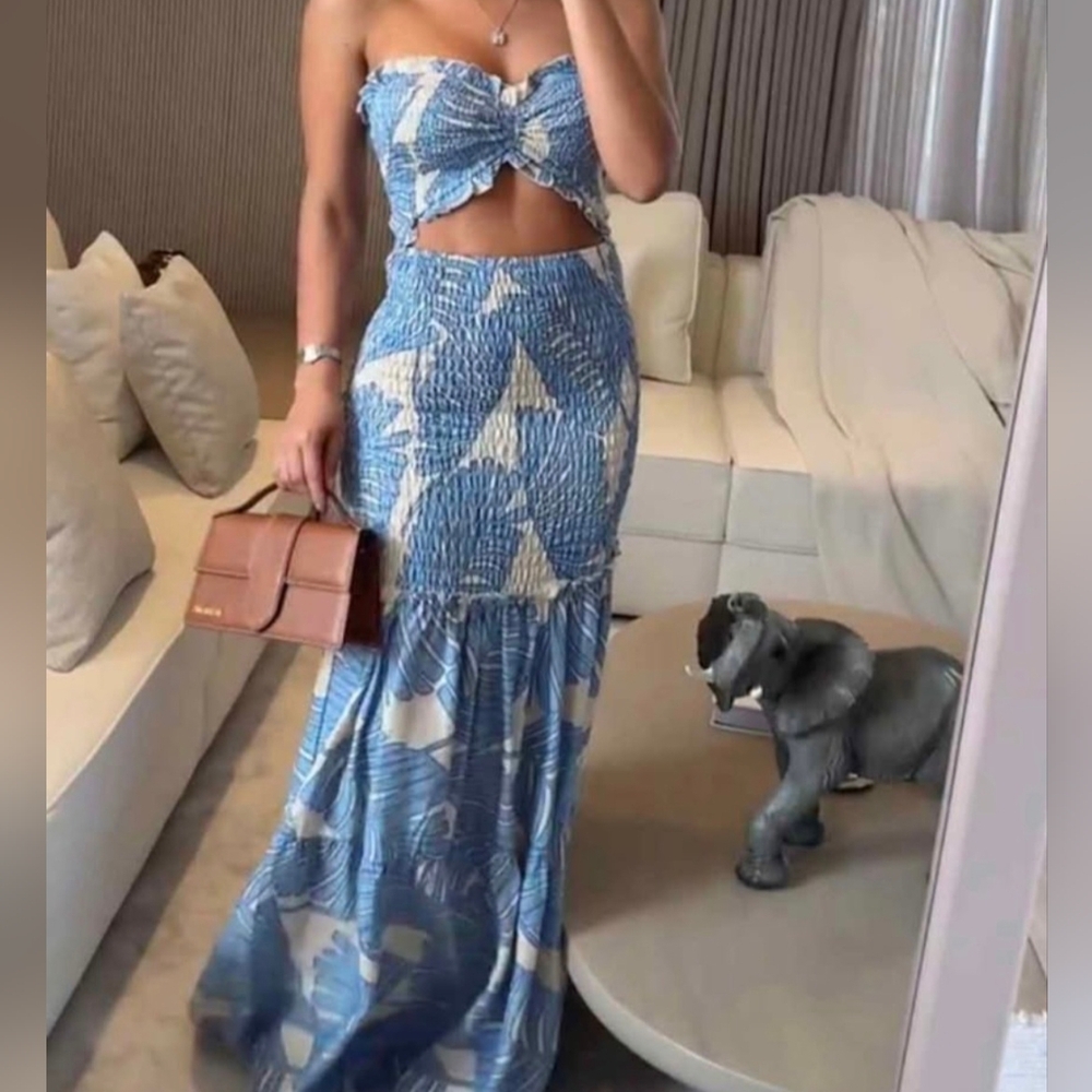 Blue Patterned Smocked Maxi Dress- Women